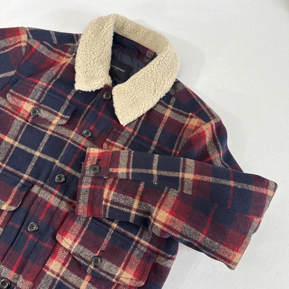 Banana Republic Jacket Men S Plaid Sherpa Collar‎ Button Up Cabincore